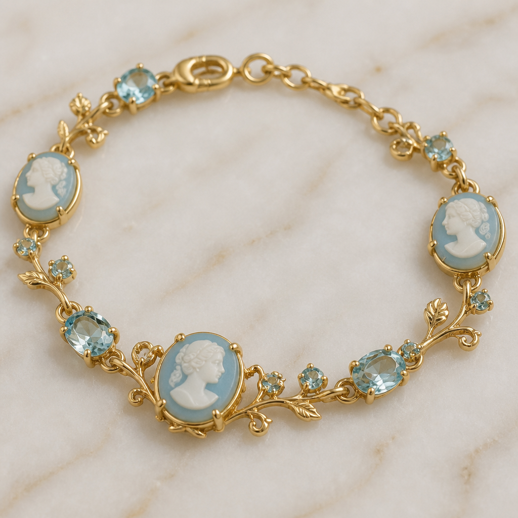 A cameo women's bracelet made of gold with aquamarine stones suitable for daily wear, highly ornate, intricate and elaborate, richly detailed. delicado y sencillo con ramitas
photorealistic jewelry design, A cameo women's bracelet made of gold with aquamarine stones suitable for daily wear, highly ornate, intricate and elaborate, richly detailed. delicado y sencillo con ramitas, cameo style, just the design no text