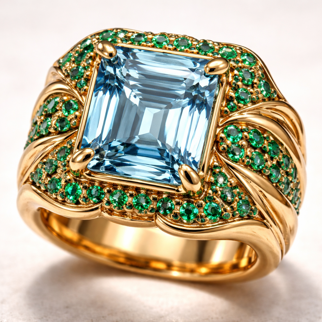 Emerald cut square aquamarine set in 18 carat, yellow gold surrounded by small emeralds set on a wide 18 karat gold band