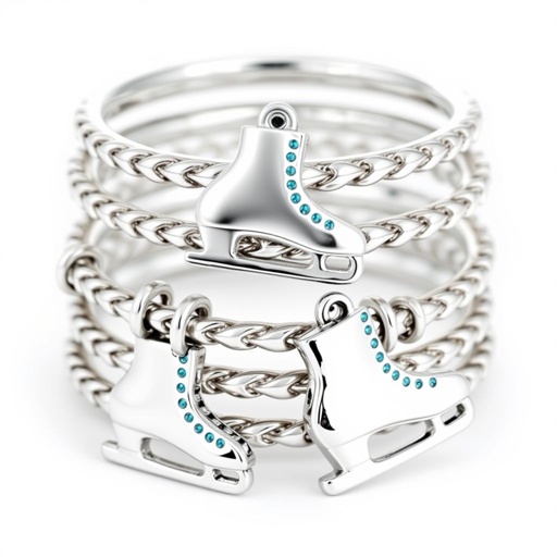 Silver pendant in the shape of ice skating blades with a turquoise stripe within the blade
