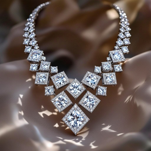Geomatric big necklace of diamonds of abstract and moder shape and modern style for a show to see all the details of the necklace of edge and modern contemporary style