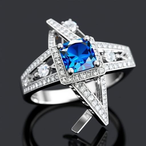 Geomatric architecture ring white gold of white diamonds and blue sapphire of edgey style and vibe