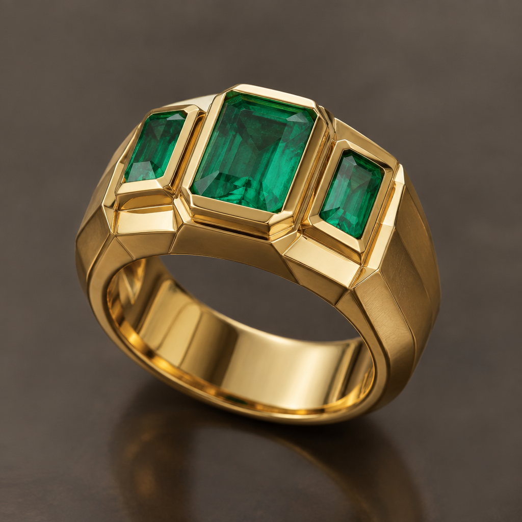 A men's ring made of gold with emerald stones. 18 k gold ring 3 gemstone one green emarold
photorealistic jewelry design, A men's ring made of gold with emerald stones. 18 k gold ring 3 gemstone one green emarold, modern style, just the design no text