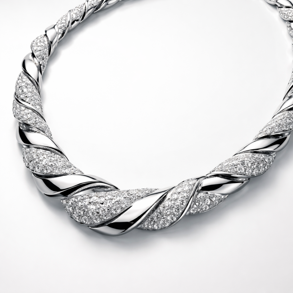 A necklace that is twisted and has diamonds and is made of separate pieces that links together