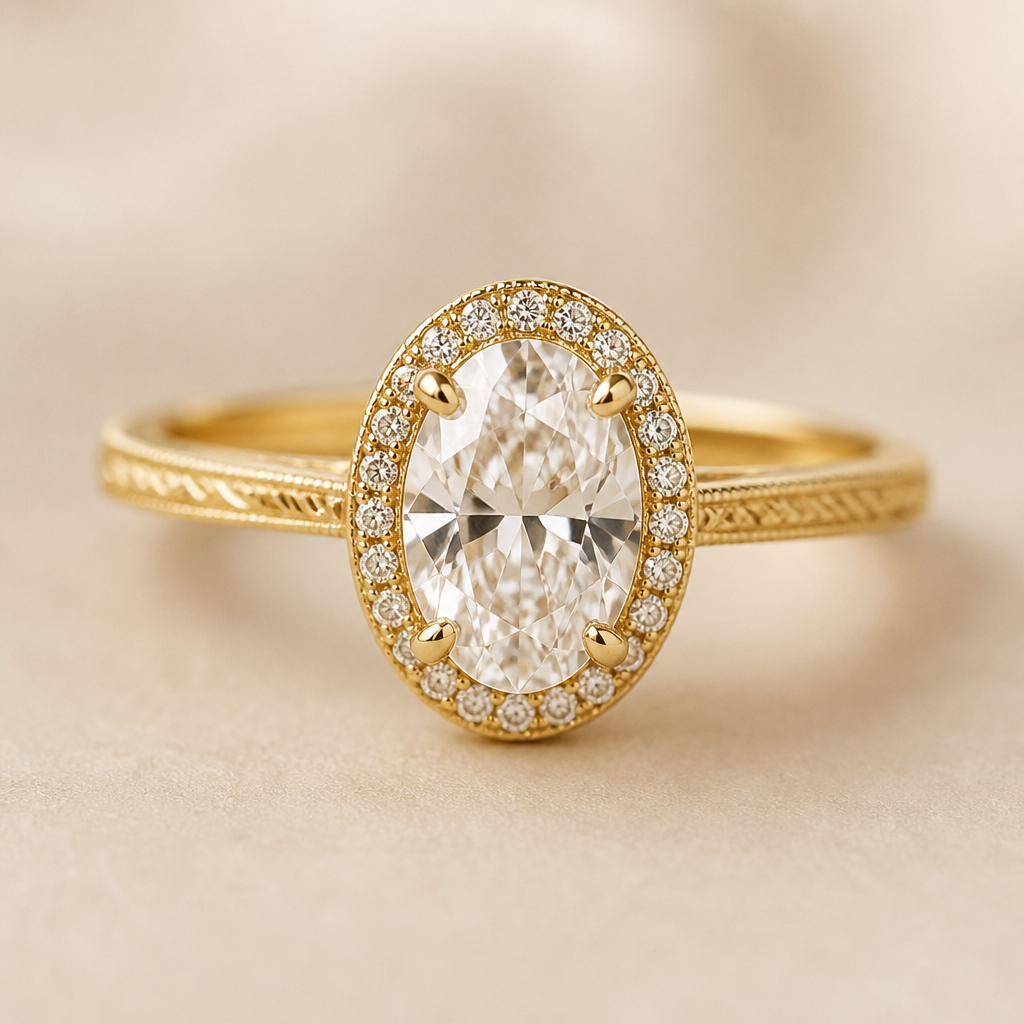 Vintage oval engagement ring with minimal halo in yellow gold
photorealistic jewelry design, Vintage oval engagement ring with minimal halo in yellow gold , vintage style, just the design no text