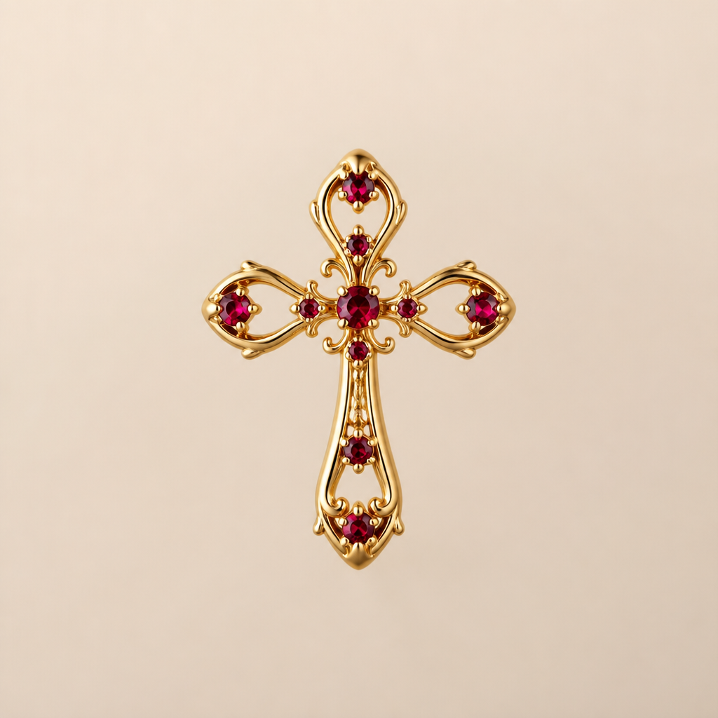 Dainty and feminine Gold cross with rubies, majority gold . Hidden bail
photorealistic jewelry design, Dainty and feminine Gold cross with rubies, majority gold . Hidden bail, romantic style, just the design no text