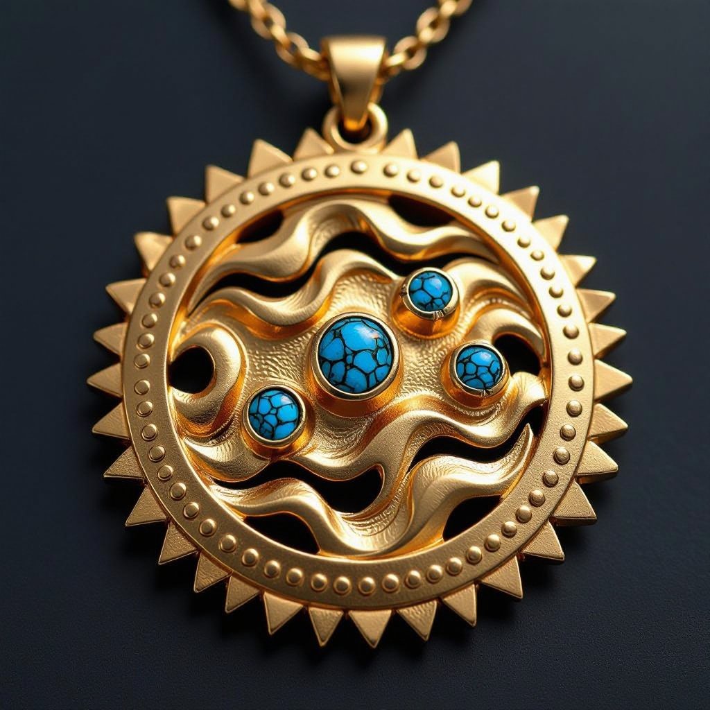Золотой матовый медальон в форме неровного круга с неровными краями. По краям выпуклые точки сплошной линией. На круге разные волнистые узоры словно волны. Три миниатюрных голубых камушка хаотично расположены в круге