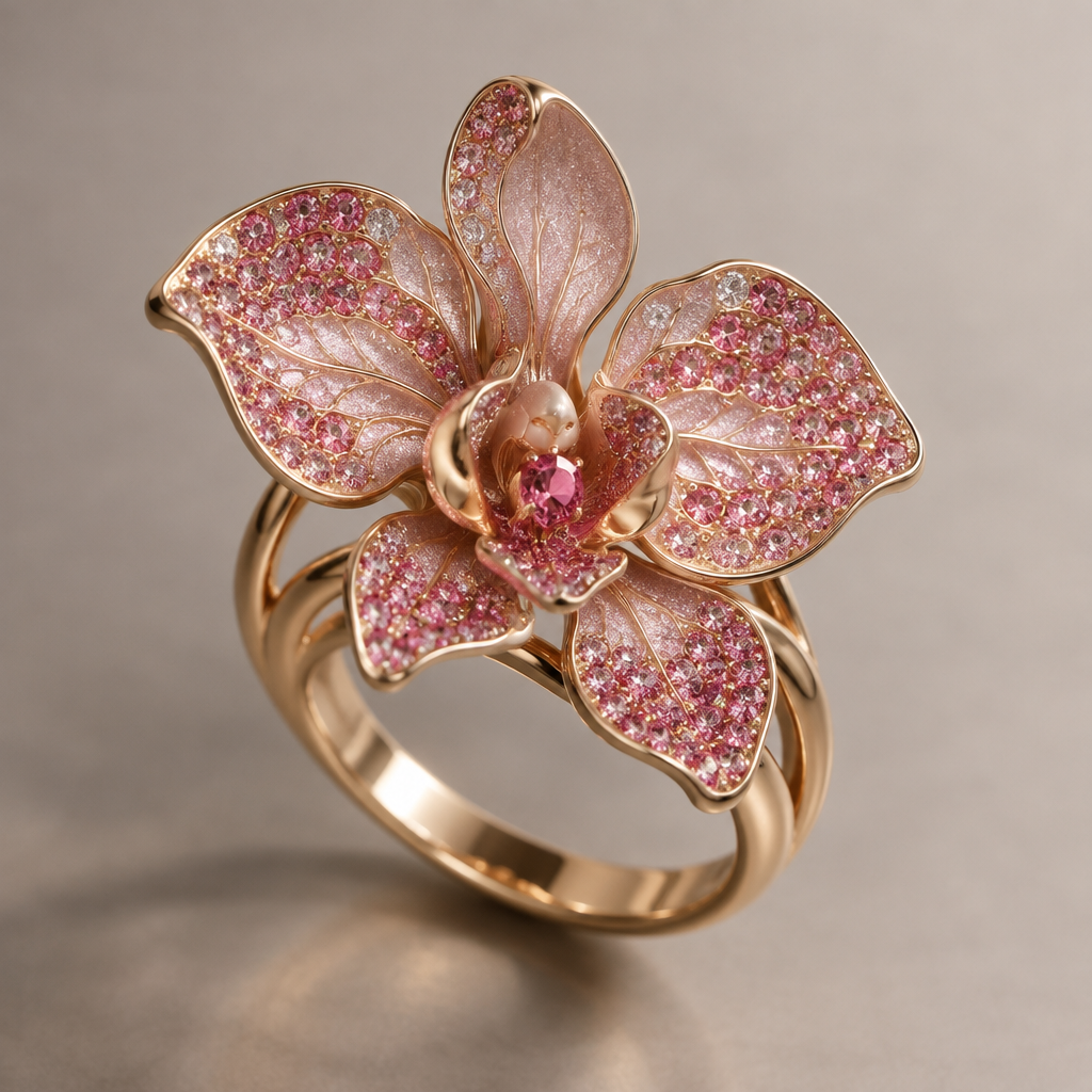 Create me an orchid ring on the petals add pink sparkly gems
photorealistic jewelry design, Create me an orchid ring on the petals add pink sparkly gems, modern style, just the design no text