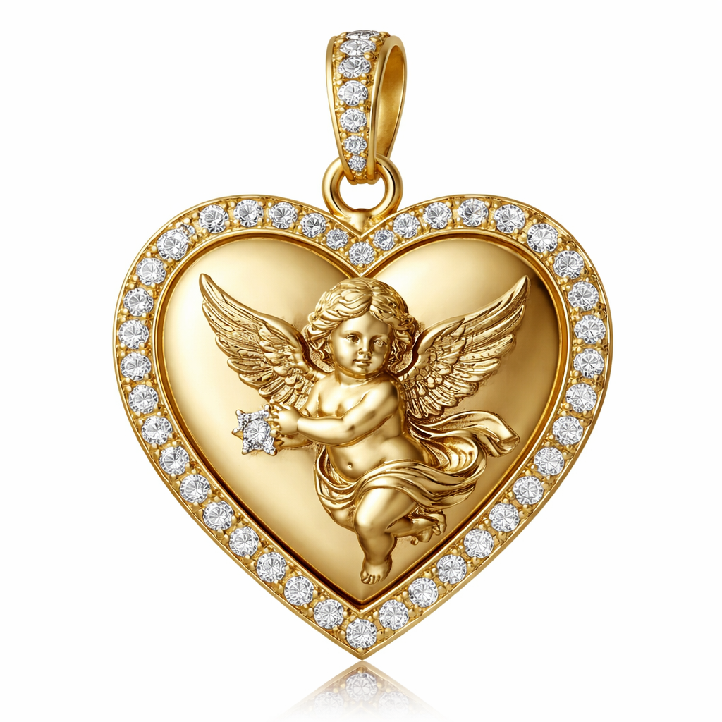 Gold heart pendant with guardian angel cherub on surface and Pavé diamond border around heart, gold bale
Gold heart pendant with guardian angel cherub on surface and Pavé diamond border around heart, gold bale, bespoke style