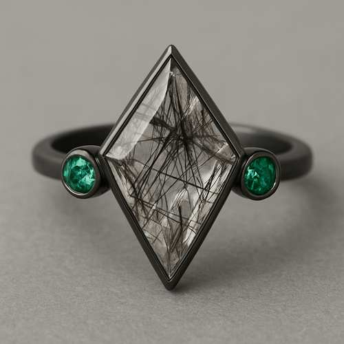 Kite cut Black rutilated quartz with emerald accent stones on a black band