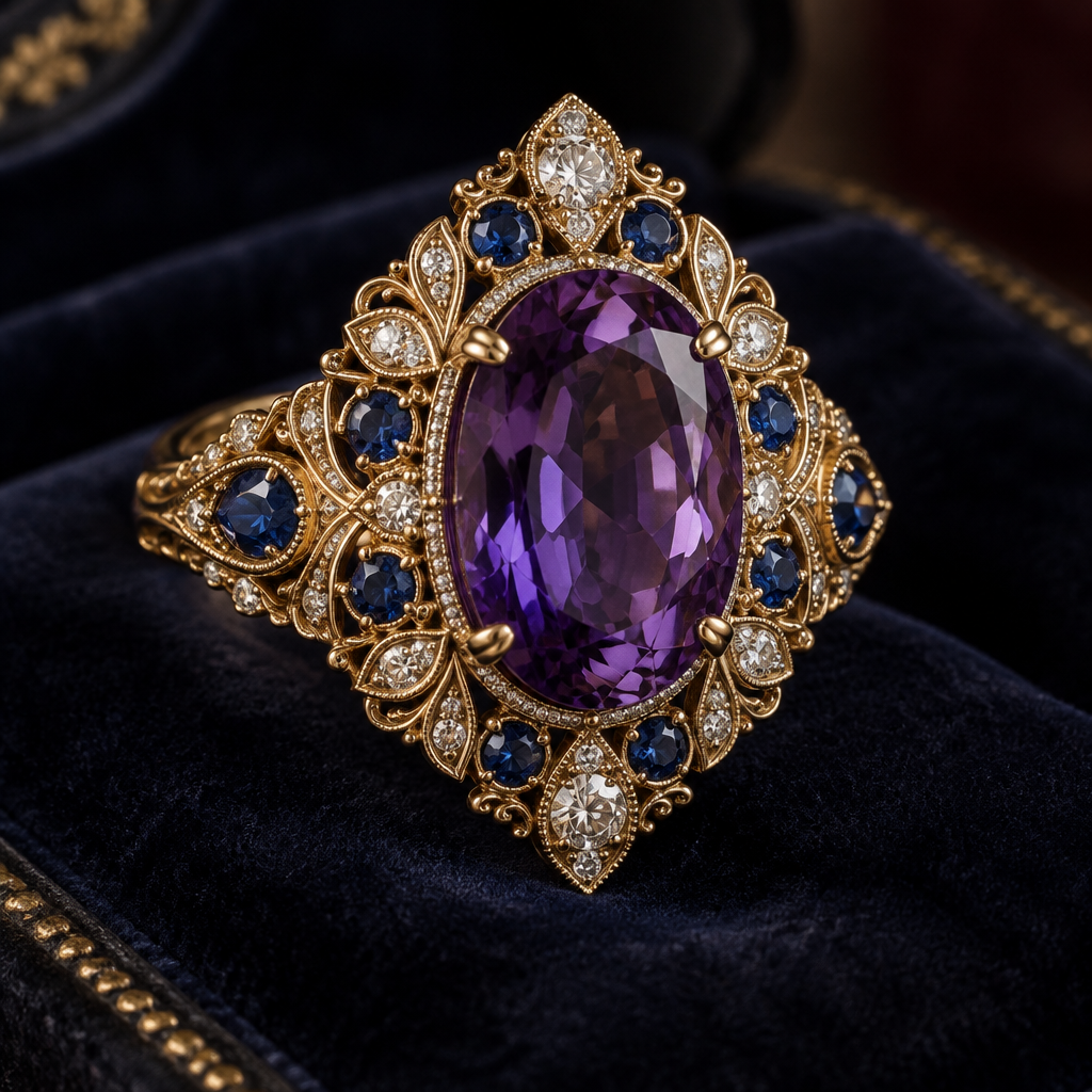 A vintage women's ring made of rose gold with diamond and aquamarine and amethyst stones suitable for daily wear, detailed and decorative, moderately ornate. Vintage Royal Amethyst, Sapphire & Diamond Jewelry
Design an exquisite vintage-inspired luxury jewel influenced by Edwardian and Art Deco high jewelry from the 1920s. Feature a large, deep violet amethyst as the central gemstone, surrounded by brilliant-cut diamonds and rich royal-blue sapphires arranged in an intricate, symmetrical pattern. Set the gemstones in polished yellow gold with delicate filigree, milgrain edges, fine engraved details, and elegant floral motifs. The design should feel regal, romantic, mysterious, and timeless, like a rare heirloom from an old European royal family. Intricate craftsmanship, realistic gemstones, luxurious antique aesthetic, refined proportions, photorealistic jewelry rendering, soft dramatic lighting, dark velvet background.
photorealistic jewelry design, A vintage women's ring made of rose gold with diamond and aquamarine and amethyst stones suitable for daily wear, detailed and decorative, moderately ornate. Vintage Royal Amethyst, Sapphire & Diamond Jewelry
Design an exquisite vintage-inspired luxury jewel influenced by Edwardian and Art Deco high jewelry from the 1920s. Feature a large, deep violet amethyst as the central gemstone, surrounded by brilliant-cut diamonds and rich royal-blue sapphires arranged in an intricate, symmetrical pattern. Set the gemstones in polished yellow gold with delicate filigree, milgrain edges, fine engraved details, and elegant floral motifs. The design should feel regal, romantic, mysterious, and timeless, like a rare heirloom from an old European royal family. Intricate craftsmanship, realistic gemstones, luxurious antique aesthetic, refined proportions, photorealistic jewelry rendering, soft dramatic lighting, dark velvet background., vintage style, just the design no text