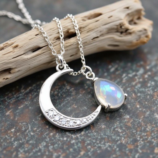 Луна полумесяцем с мелкими камушками и маленький в виде кристала лунный камень подвеска