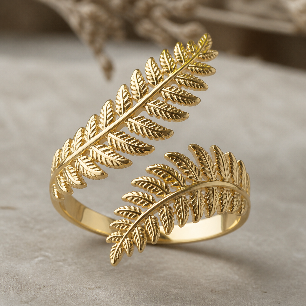 Een ring met bladeren op van een varen
photorealistic jewelry design, Een ring met bladeren op van een varen
, just the design no text