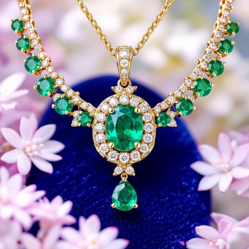 Central de esmeralda redonda con 6 diamantes al rededor en oro amarillo 