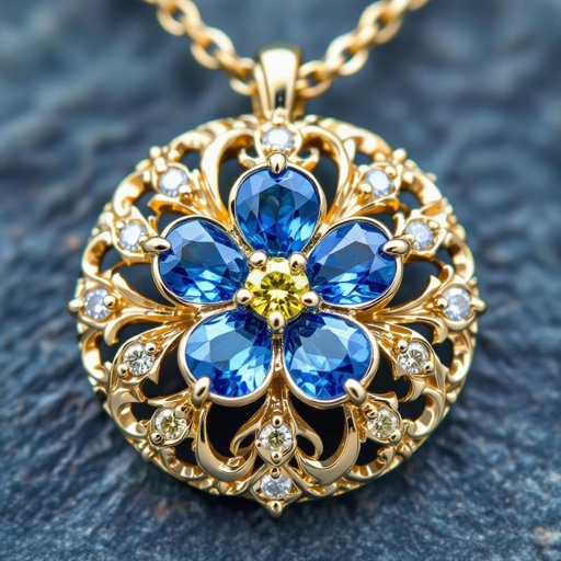 Create a forget me not flower pendant.  The petals are formed using paved light blue sapphires.  The center stone is 1 yellow diamonds 