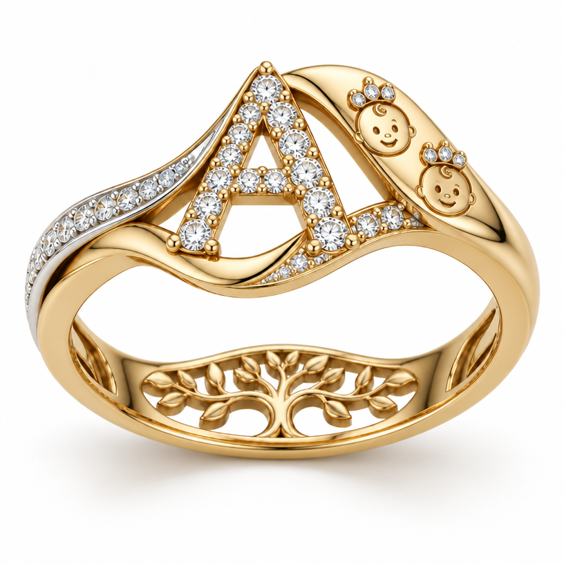 A women's ring, detailed and decorative, moderately ornate. En vez de huellas carita de bebe
using the attached image as a visual reference, create A women's ring, detailed and decorative, moderately ornate. En vez de huellas carita de bebe. photorealistic, just the design no text
