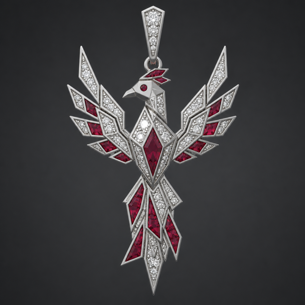 A geometric women's pendant made of white gold with diamond and ruby stones. A phoenix with diamonds and red Ruby's
photorealistic jewelry design, A geometric women's pendant made of white gold with diamond and ruby stones. A phoenix with diamonds and red Ruby's, geometric style, just the design no text