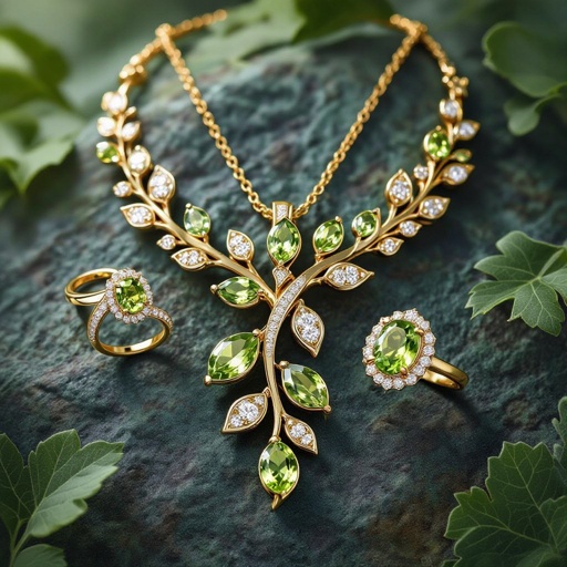 Necklace and earring and rings within peridot and diamond with gold
