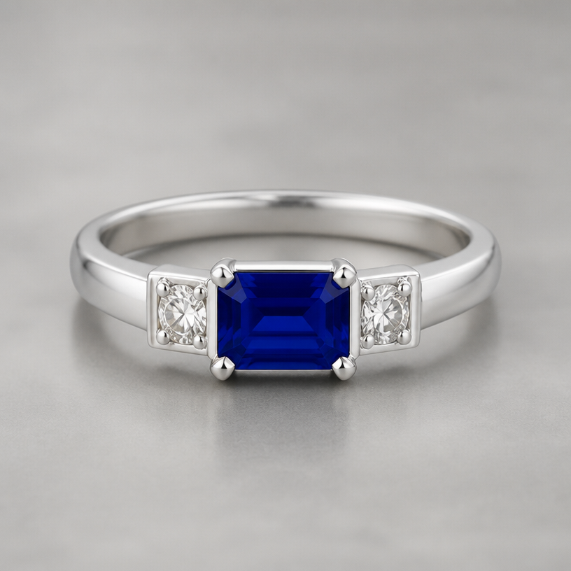 A minimalist women's ring made of silver with sapphire stones
using the attached image as a visual reference, create A minimalist women's ring made of silver with sapphire stones. photorealistic, just the design no text