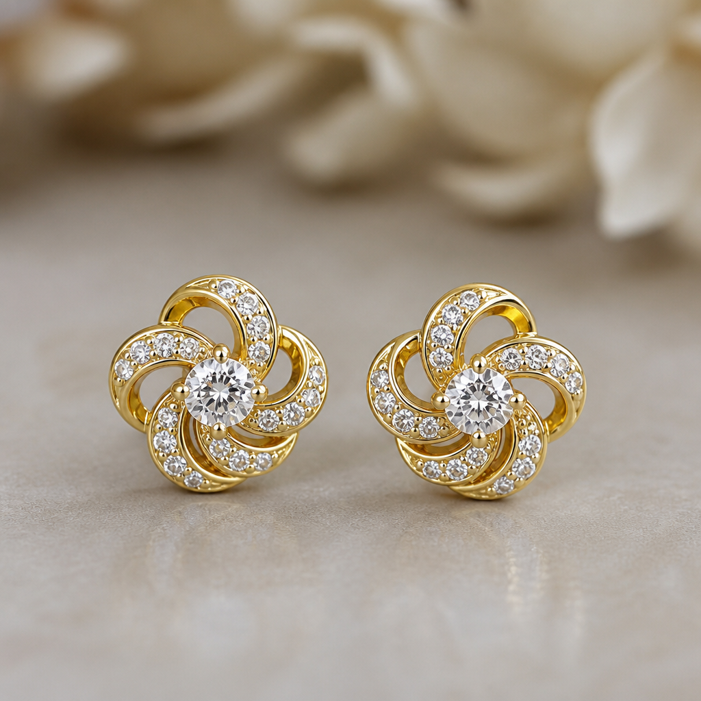 A gold women's earrings made of gold with diamond stones suitable for engagement. tops
photorealistic jewelry design, A gold women's earrings made of gold with diamond stones suitable for engagement. tops, gold style, just the design no text