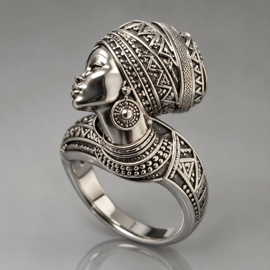 A african women's ring made of platinum
photorealistic jewelry design, A african women's ring made of platinum, african style, just the design no text