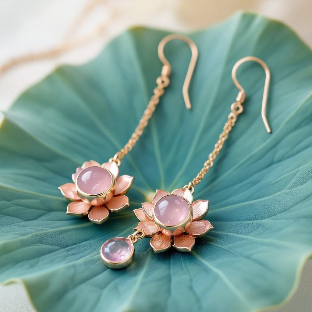 Светлое матовое золото. Серьги с лотосом на длинных цепочках. По центру лотоса камень необрабаботанного розового кварца, от лотоса идет цепочка с еще одним камнем кварца на конце. Серьги тонкие и легкие
