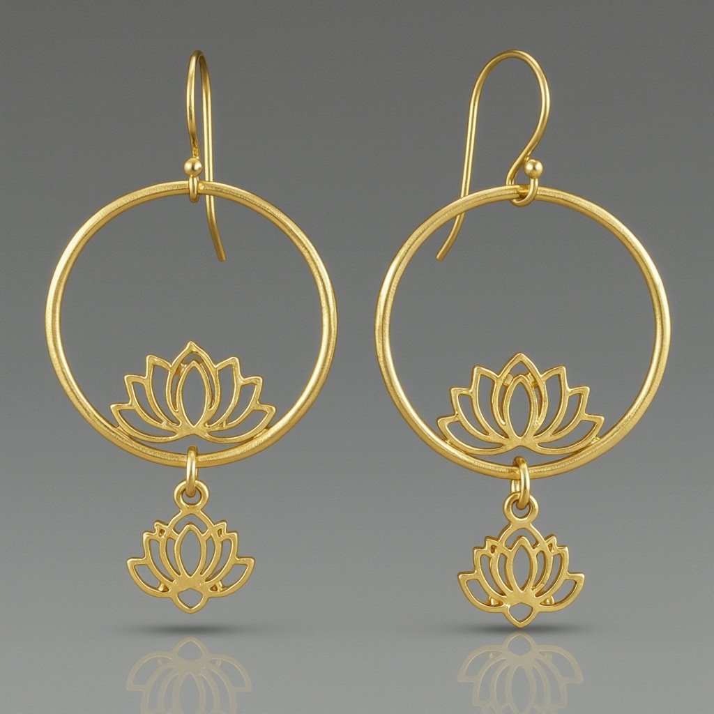 Серьги на круглой застежке из матового золоса, подвески на кольцах в виде шестилепесткового лотоса 