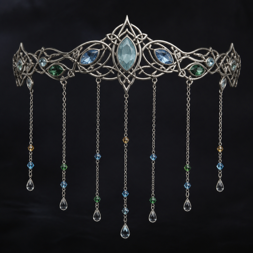 A celtic women's tiara made of silver with aquamarine and topaz and emerald stones suitable for party. make a hair piece that has 6 little chains with stones hanging from them like a vail but with wiring
photorealistic jewelry design, A celtic women's tiara made of silver with aquamarine and topaz and emerald stones suitable for party. make a hair piece that has 6 little chains with stones hanging from them like a vail but with wiring, celtic style, just the design no text