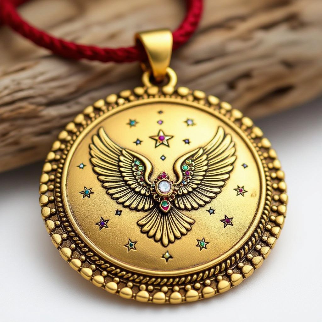 Золотой матовый медальон в форме неровного круга с неровными краями. По краям выпуклые точки сплошной линией. На круге выгравирован ангел без фигуры, видно только крылья и вокруг здездочки и разные узоры и украшен миниатюрными камнями