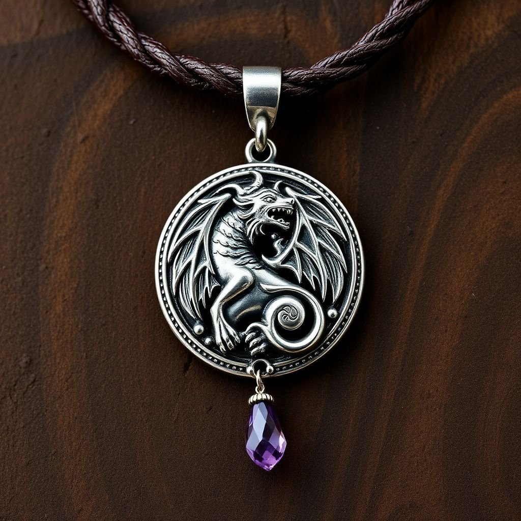 Elegant stylish necklace on thick leather cord with big silver pendant and crystal stone charm 