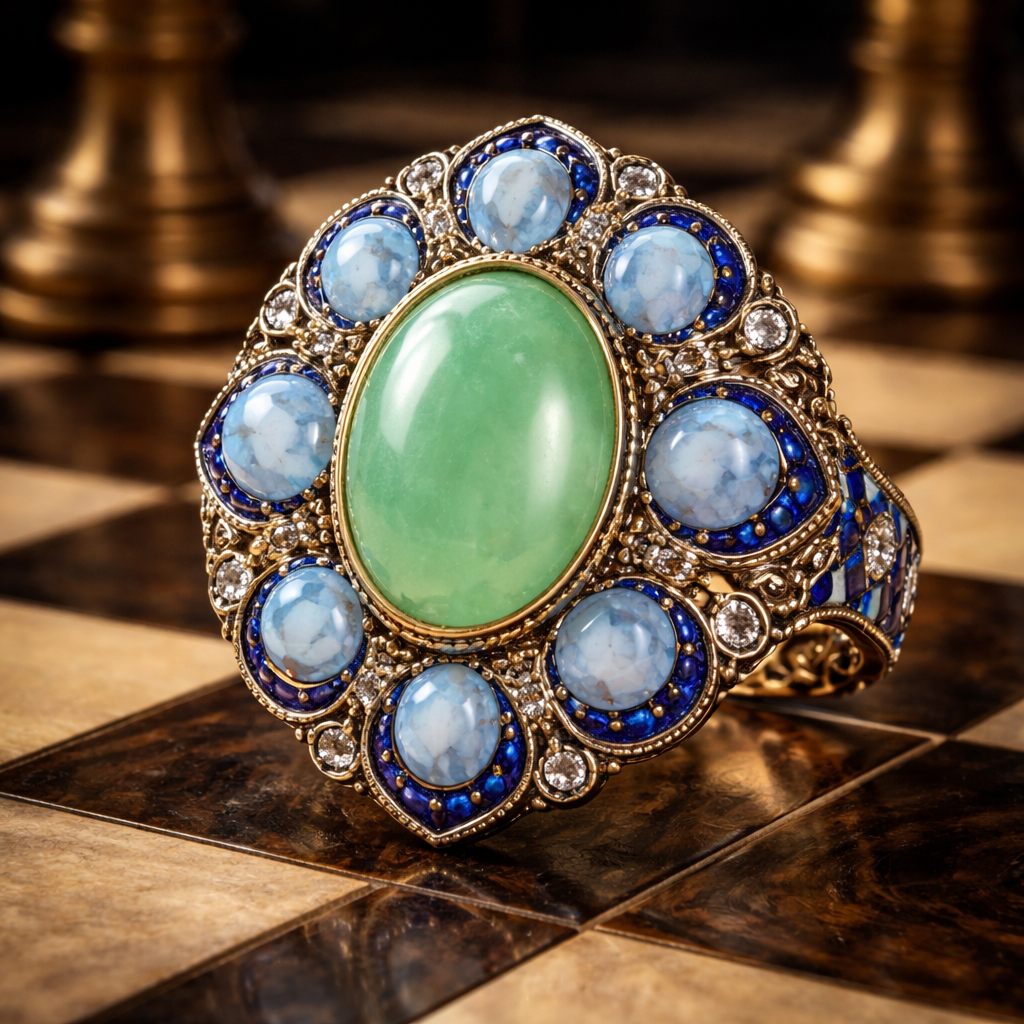 Make me a ring with a light green jade stone on the middle with blue lace agate around it. And it has royal blue. Use a chess board as inspiration.*