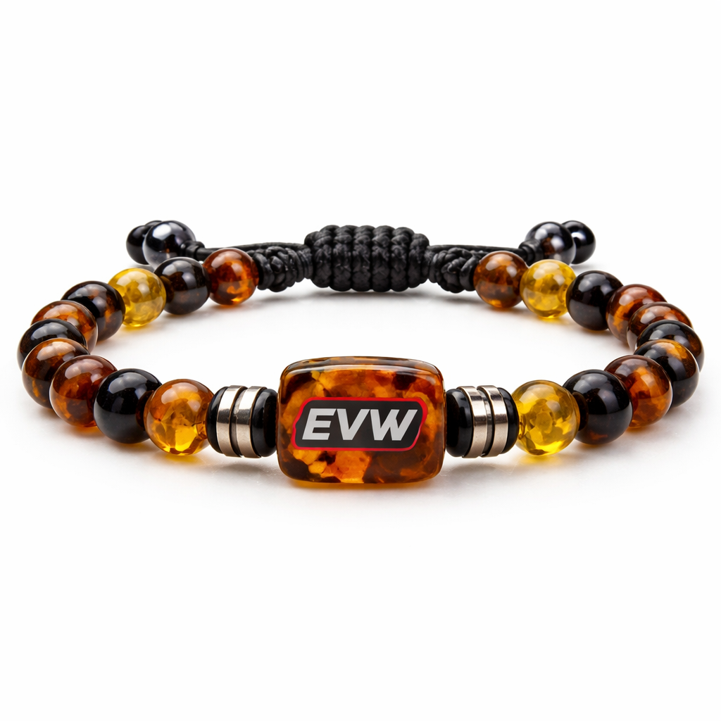 Do not use silver or gold and bracelet for man only amber stones small size EVW logo on the amber stone red and black and white colours