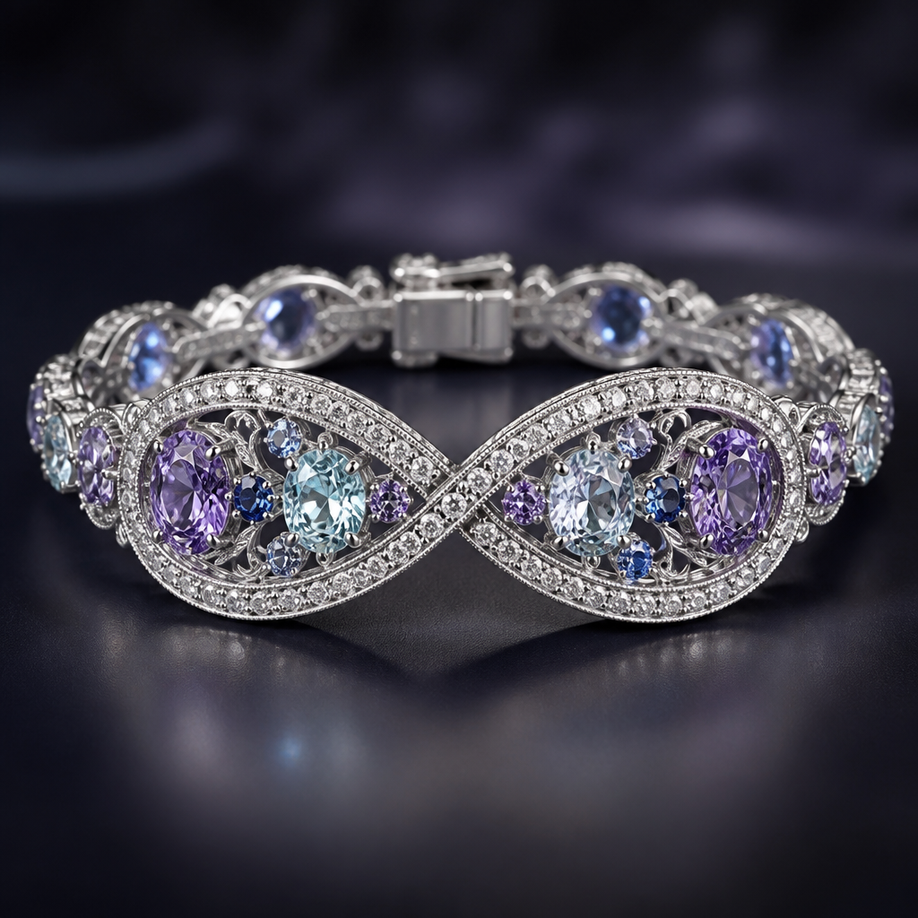 A infinity women's bracelet made of platinum with amethyst and aquamarine and sapphire and topaz stones, highly ornate, intricate and elaborate, richly detailed
photorealistic jewelry design, A infinity women's bracelet made of platinum with amethyst and aquamarine and sapphire and topaz stones, highly ornate, intricate and elaborate, richly detailed, infinity style, just the design no text