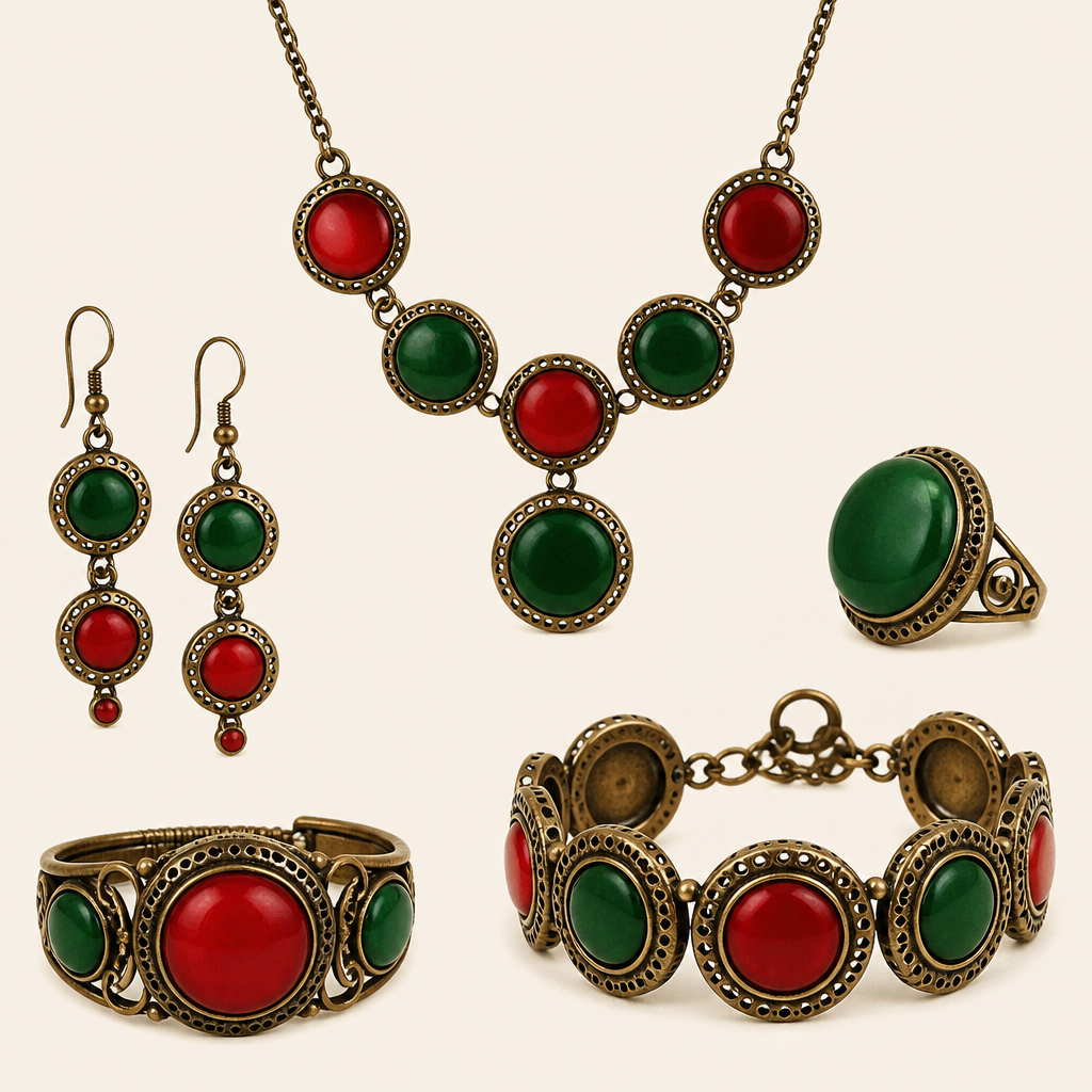 A vintage women's ring. hecho de material de tagua con formas de redondas y colores son verde y rojo quiero en collar y aretes, pulseras .
photorealistic jewelry design, A vintage women's ring. hecho de material de tagua con formas de redondas y colores son verde y rojo quiero en collar y aretes, pulseras ., vintage style, just the design no text