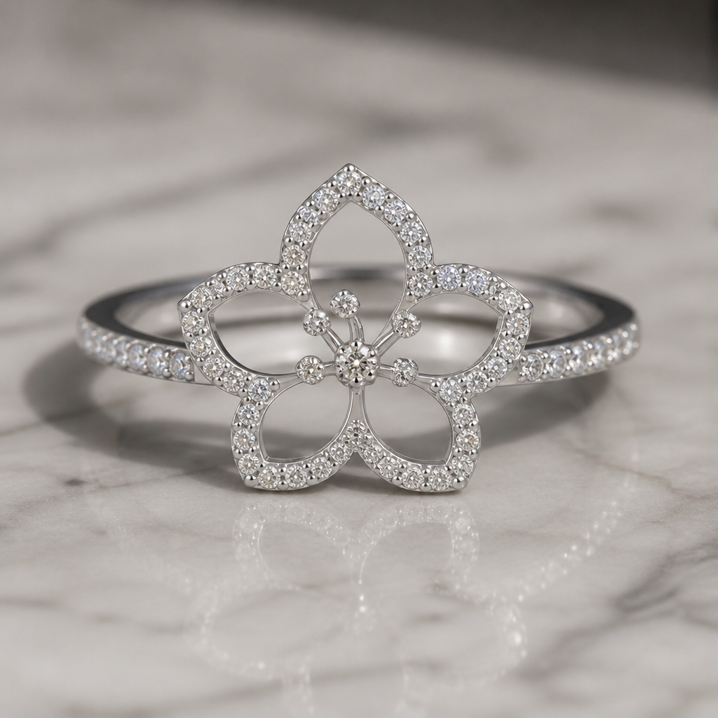 A women's ring made of silver with diamond stones. hibicus ligne fine, (diamand poutours des petales vide, toutes les petales) et delicat ,3 tres petit diamand dans le milieu au bout de la tige interieur de la fleur vide, plus detail, 5 petales chaine de chaque coté, tige qui ne depasse la fleur, minimaliste mince féminin, avec anneau pas de chaine, un peu diamant sur lanneau
photorealistic jewelry design, A women's ring made of silver with diamond stones. hibicus ligne fine, (diamand poutours des petales vide, toutes les petales) et delicat ,3 tres petit diamand dans le milieu au bout de la tige interieur de la fleur vide, plus detail, 5 petales chaine de chaque coté, tige qui ne depasse la fleur, minimaliste mince féminin, avec anneau pas de chaine, un peu diamant sur lanneau, modern style, just the design no text