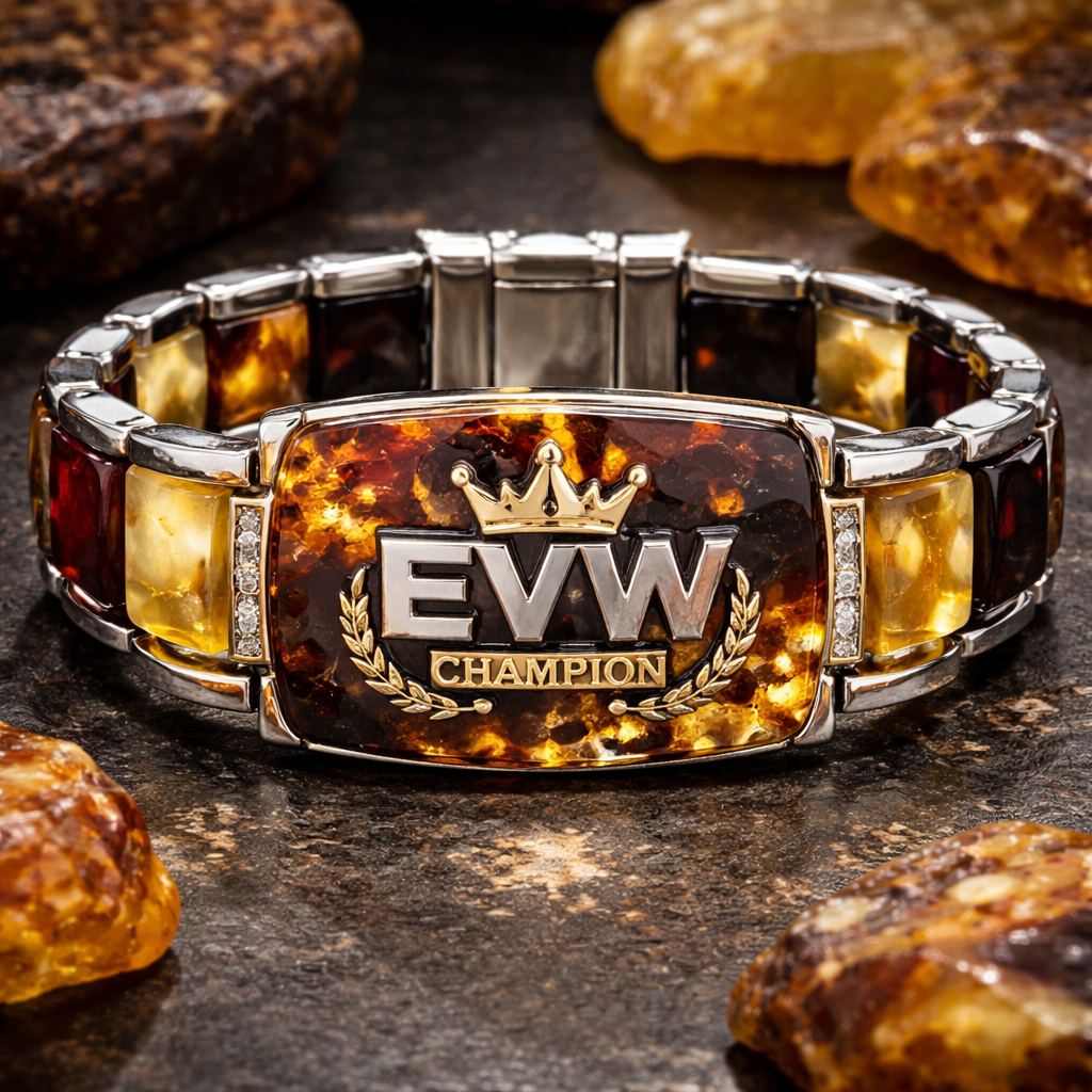 Naturalus Gintaras Gintaras zaliava, EVW champion logo ant gintarinio gabalo vyriska apyranke raudonas gintaras juodas gintaras balatas gintaras prabangus kvadratinis staciakampis stalo pavidalu
