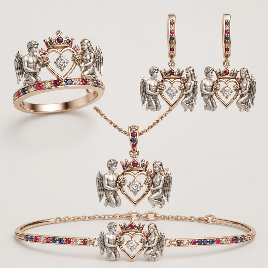 A minimalist women's ring made of mixed metal with diamond and ruby and sapphire stones suitable for wedding. An extraordinary beautiful delicate elegant and excellent set of jewelry with a beautiful delicate and elegant ring, two ear rings, a pendant and a bracelet with a heart at the middle and a diamond in the middle of the heart over the heart to be placed a beautiful delicate and elegant queen crown with a diamond in the middle and rubies and sapphires all around the crown, with an extraordinary beautiful delicate and elegant female Angel with a beautiful delicate and elegant face with long hair holding a heart with Her right hand and a rose with Her left hand at the right side of the heart and an extraordinary beautiful delicate and elegant male Angel with an extraordinary beautiful delicate elegant and fit body with a beautiful delicate and elegant face with short hair holding a heart with His right hand and a rose with His left hand at the left side of the heat. Both Angels to be placed to all the items of the set. The Angels to be adult Angels at all the items of the set. The crown to be placed on the heart.