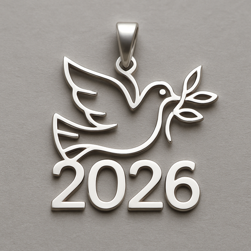 Silver minimal cut-out abstract charm blending together the pigeon of peace hold an olive branch along the year 2026
