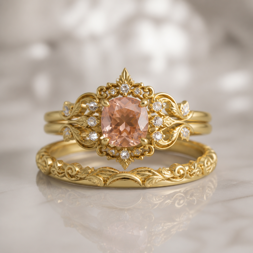 Show me a second piece golden engagement / wedding ring set with a rose diamond
photorealistic jewelry design, Show me a second piece golden engagement / wedding ring set with a rose diamond, baroque style, just the design no text