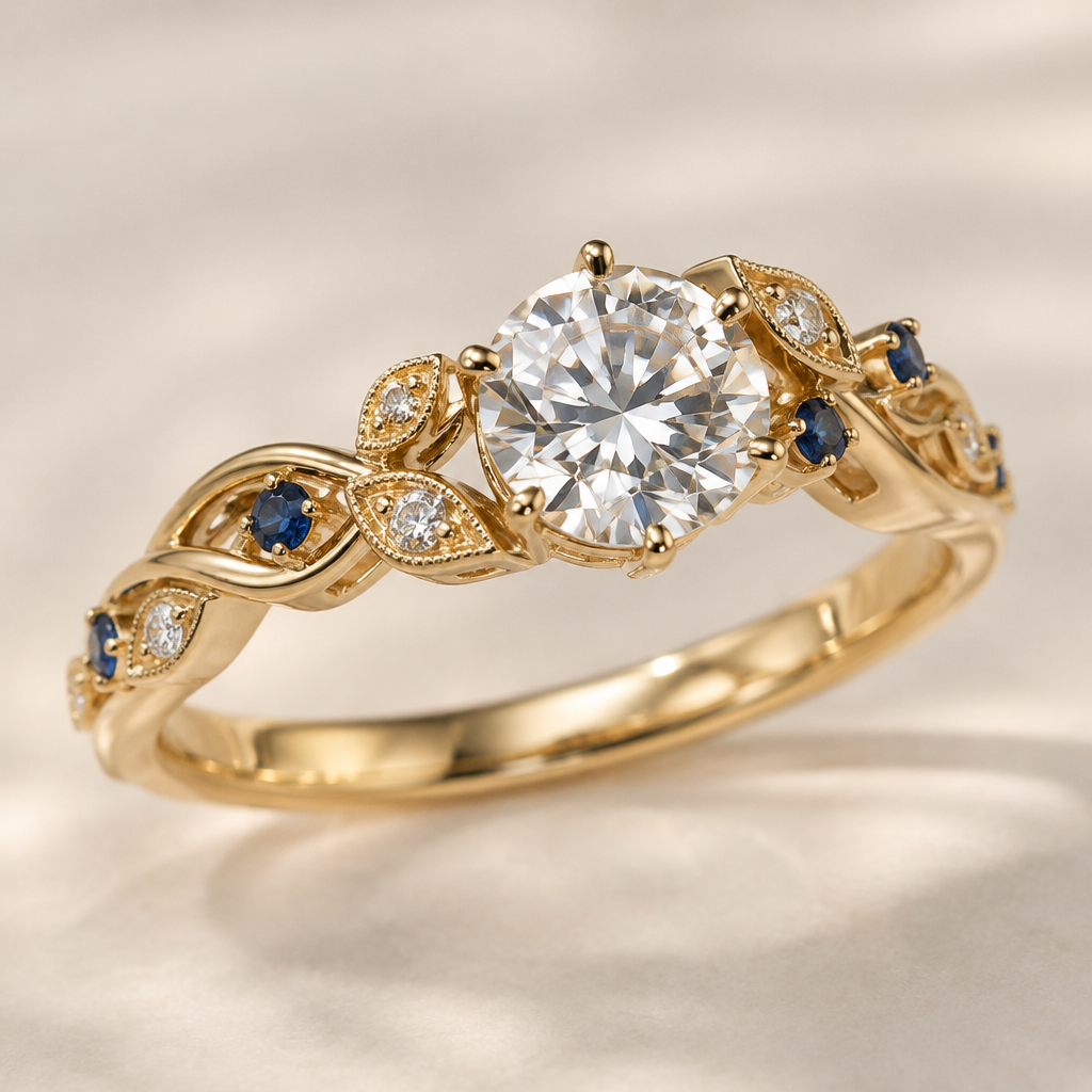 Yellow gold with one larger diamond, 4 small diamond, small sapphires
photorealistic jewelry design, Yellow gold with one larger diamond, 4 small diamond, small sapphires , romantic style, just the design no text