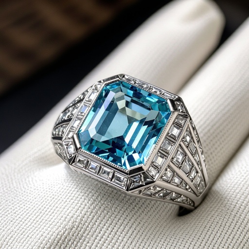 Aquamarine ring with pisces motif for man.