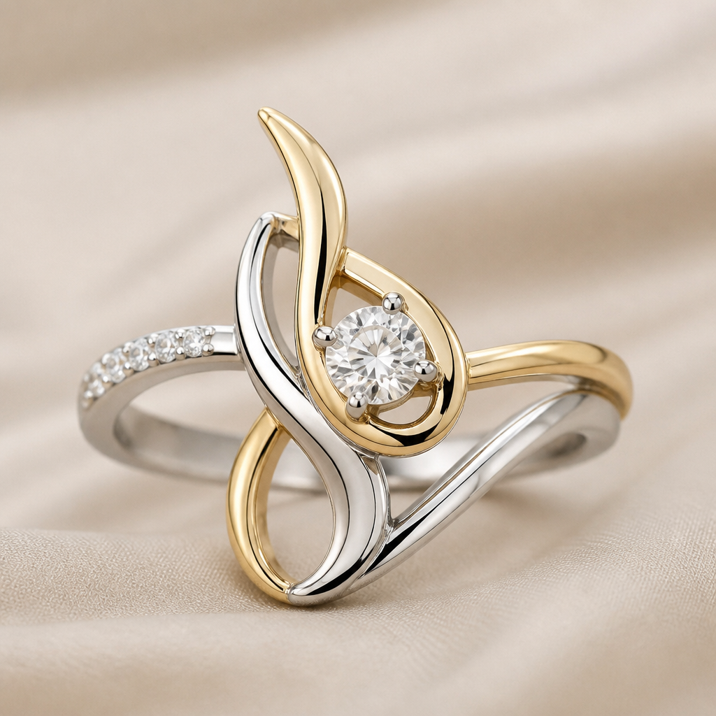 A abstract women's ring made of mixed metal with diamond stones suitable for festival. An extraordinary excellent beautiful delicate and elegant solitaire women ring. Face of the ring.
photorealistic jewelry design, A abstract women's ring made of mixed metal with diamond stones suitable for festival. An extraordinary excellent beautiful delicate and elegant solitaire women ring. Face of the ring., abstract style, just the design no text