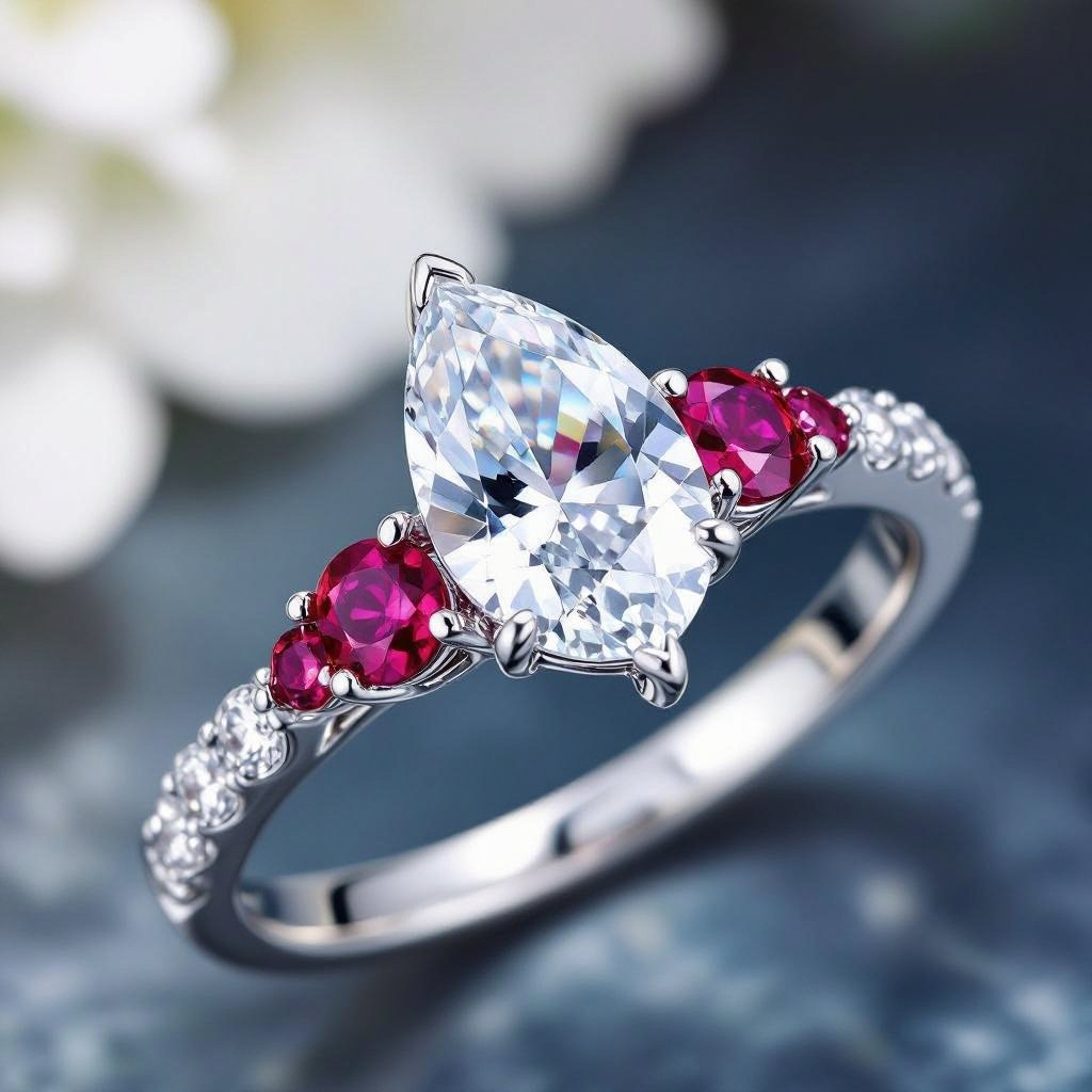 Pear shaped white topaz with 5 round rubies below and one square ruby offset on top