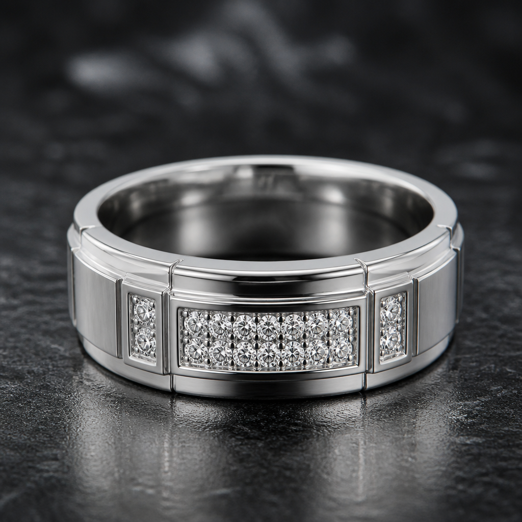 A men's ring with diamond stones suitable for daily wear
photorealistic jewelry design, A men's ring with diamond stones suitable for daily wear, modern style, just the design no text