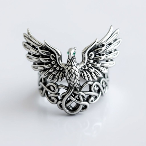 A silver segnit ring with a Celtic phoenix rising from the swirling flames on it 