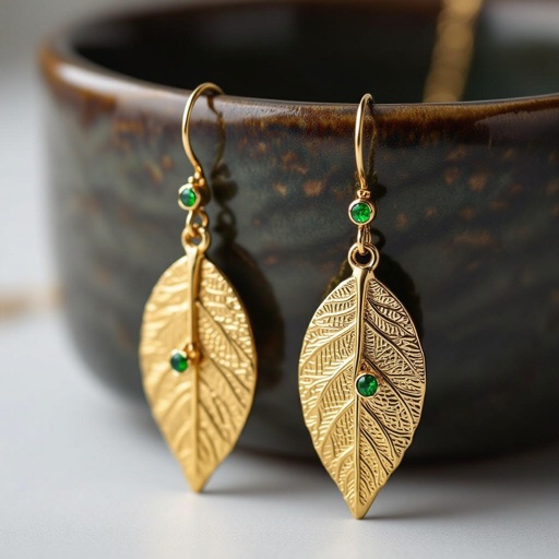 Серьги длинные на цепочках матовое золото мятое. Символ листок с прожилками на нем маленькие зеленые  камушки