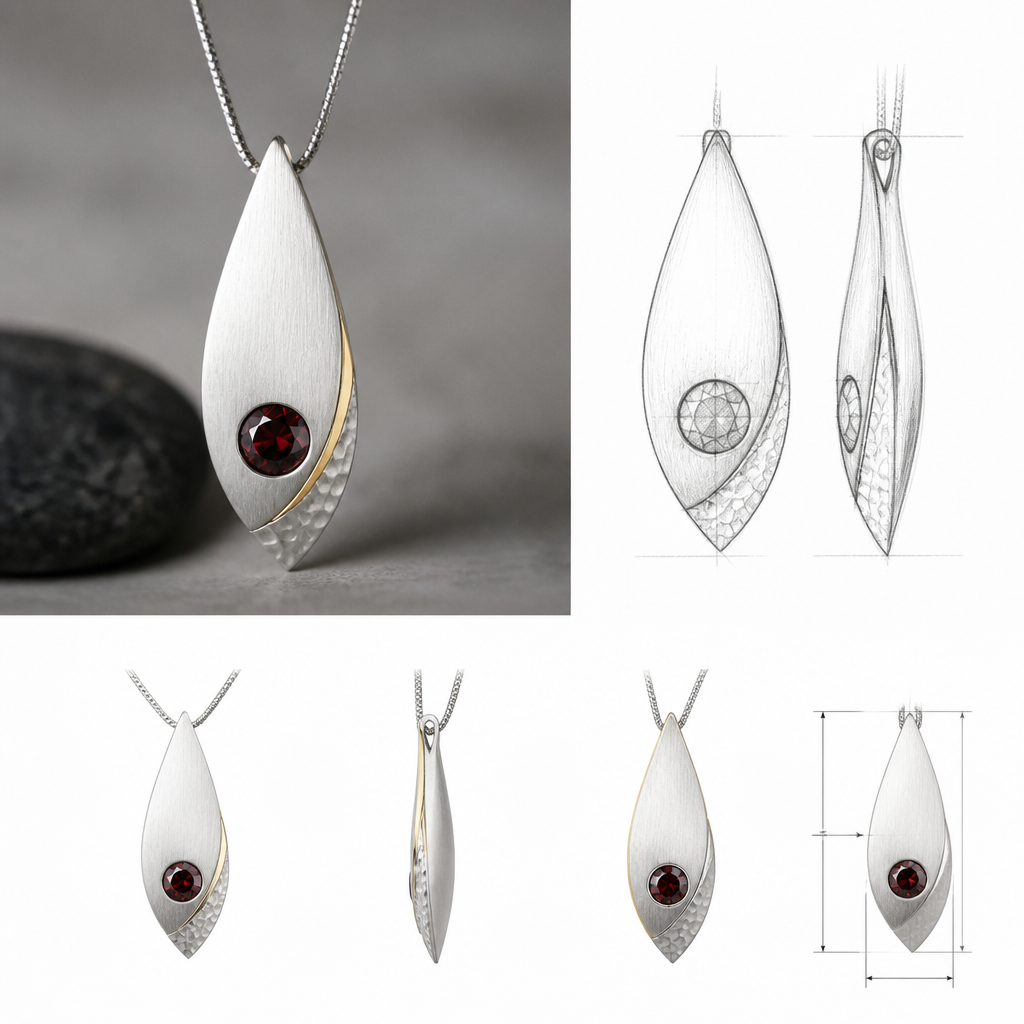 A modern women's pendant made of silver with sapphire stones. "photorealistic jewelry design, A scandinavian women's pendant made of silver with garnet stones suitable for daily wear, minimalist. simple and delicate, clean lines. simplistic form minimalist brushed silver finish with an accent of gold and a small section of hammered surface, scandinavian style, with design scketchs and mesurments
photorealistic jewelry design, A modern women's pendant made of silver with sapphire stones. "photorealistic jewelry design, A scandinavian women's pendant made of silver with garnet stones suitable for daily wear, minimalist. simple and delicate, clean lines. simplistic form minimalist brushed silver finish with an accent of gold and a small section of hammered surface, scandinavian style, with design scketchs and mesurments, modern style, just the design no text