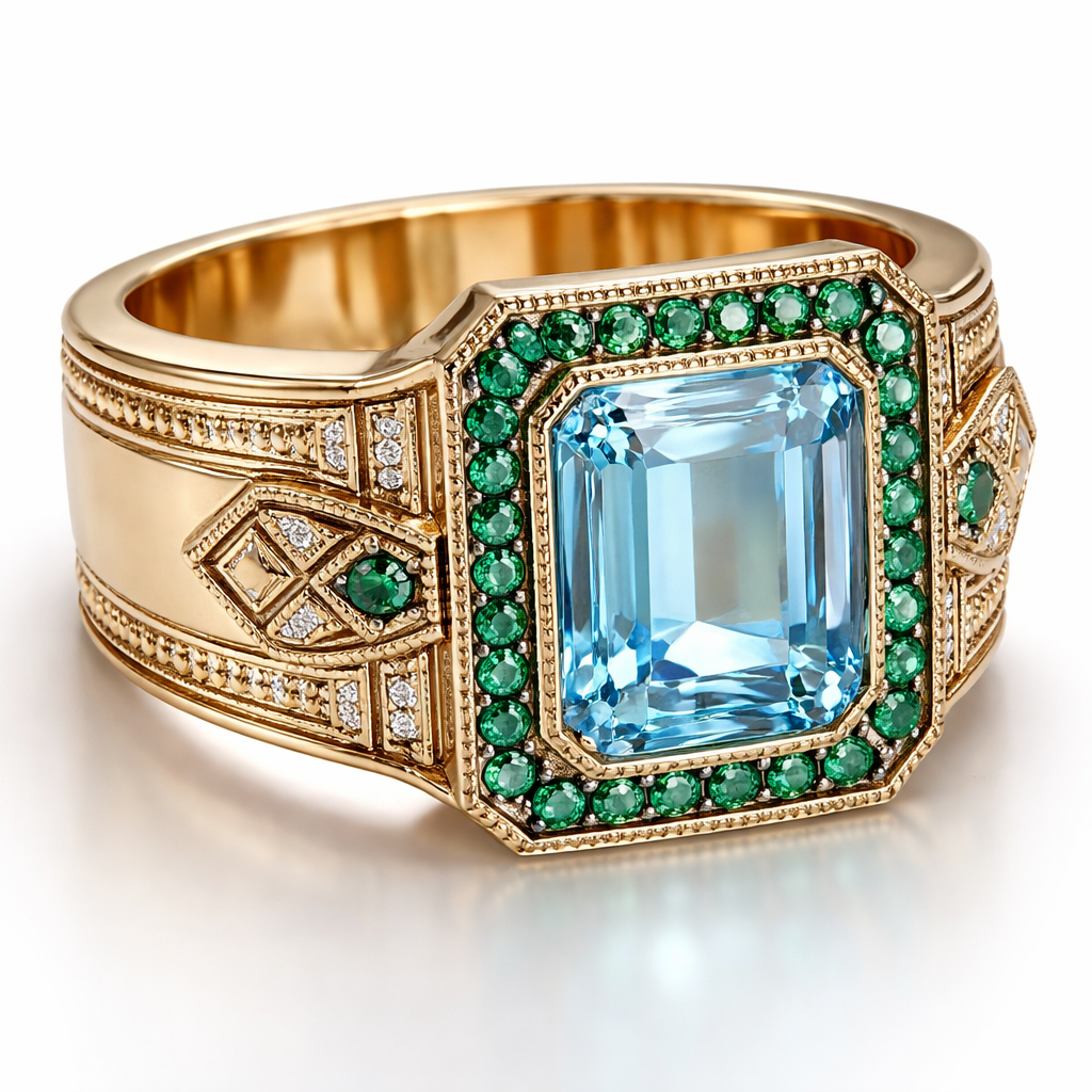 Wide 18 karat gold band with emerald cut, square aquamarine surrounded by small emeralds