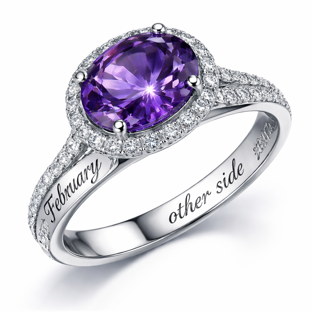A luxury women's ring made of white gold with amethyst stones suitable for gift. Next to gemstone, on the ring, I want " Febuary" on it. And on the other side of the gemstone, on the ring, I would like " other side" on it. These are both texts that I would like engraved into the ring band.
A luxury women's ring made of white gold with amethyst stones suitable for gift. Next to gemstone, on the ring, I want " Febuary" on it. And on the other side of the gemstone, on the ring, I would like " other side" on it. These are both texts that I would like engraved into the ring band., luxury style