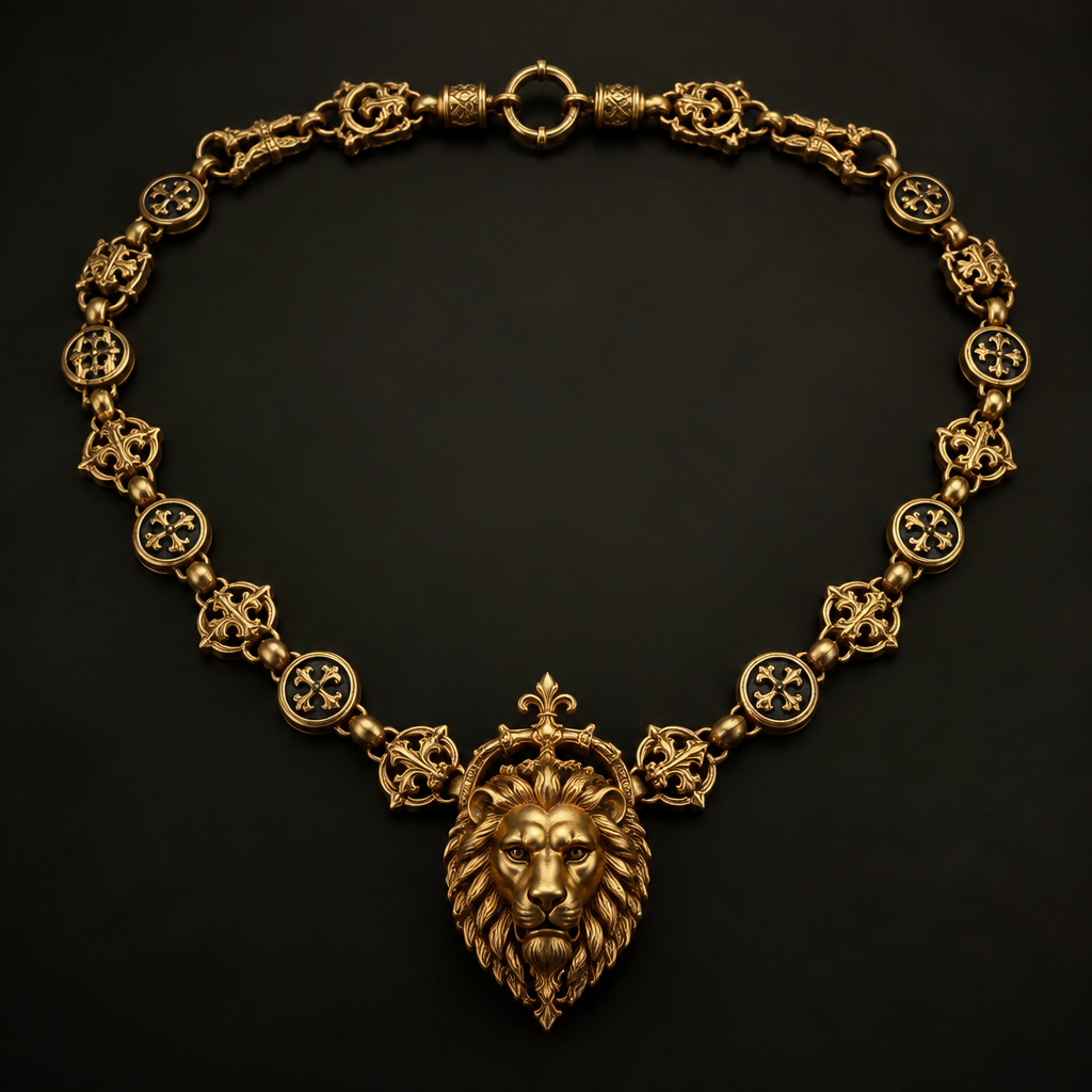 A medieval men's necklace made of gold
photorealistic jewelry design, A medieval men's necklace made of gold, medieval style, just the design no text