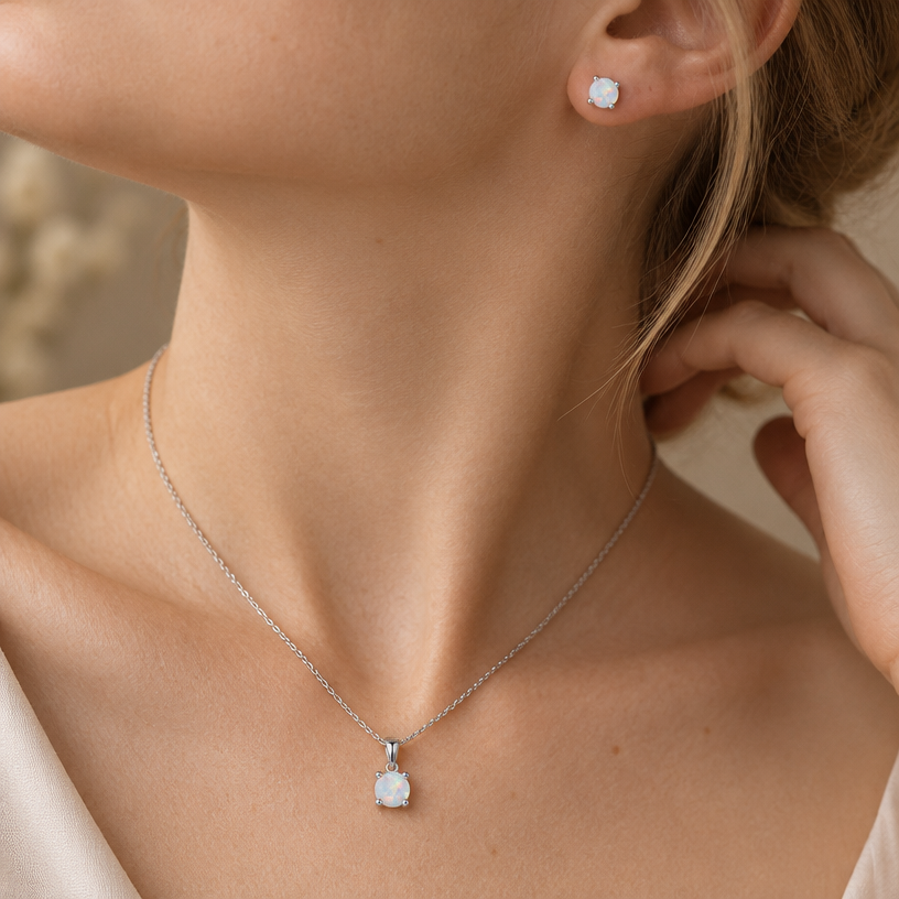 Jewelry photoshoot (worn)
Show the jewelry piece from the image worn by an elegant model in a professional editorial photograph, soft studio lighting. Reproduce the jewelry's exact design, metal, stones and details faithfully. Photorealistic, no text. Additional instructions: Close-up editorial jewelry photo of a woman's neck, collarbone, ear, and upper chest, cropped so the face is fully out of frame. Model has fair, light skin tone. She wears soft, elegant clothing, only a small part of the fabric visible at the edge of the frame.
VARY THE POSE: do not repeat the same head tilt, shoulder position, or framing as previous generations. Use natural variations such as: head turned left or right, chin slightly up or down, one shoulder raised or relaxed, hair swept to either side or tucked back, camera angle shifted slightly higher or lower. Keep the framing tight on the neck, collarbone, and ear (face always out of frame), but make the pose feel distinct and natural.
She wears a sterling silver necklace with a round white opal pendant set in a simple four-prong setting, and a matching pair of round white opal stud earrings in the same four-prong setting.
METAL FINISH: the sterling silver must be rhodium-plated — bright, cool-white, and reflective with a polished mirror-like shine, not dull or matte. The metal should catch light naturally, without looking overly glossy, plastic, or artificially glowing.
STONE COLOR AND DETAIL: the opal stones must show a soft milky-white base with natural iridescent play-of-color — subtle flashes of pink, blue, green, and gold shifting across the surface, exactly like genuine mystical white opal. The opal should look smooth, slightly cloudy, and luminous, not clear or faceted like a cubic zirconia.
STRICT SIZE REQUIREMENT: the pendant and earrings must each be exactly 0.6cm, true to real-life scale against the neck, collarbone, and ear. Do not enlarge or oversize — the pieces should look small and delicate.
SKIN REALISM REQUIREMENT: skin must look completely natural and photorealistic — fair, light skin tone to enhance the contrast and shine of the silver and opal, with visible fine skin texture, natural pores, subtle imperfections. Avoid any smooth, plastic, airbrushed, CGI, or overly retouched look. Lighting soft and warm, casting natural gentle shadows.
CHAIN AND PENDANT POSITION: fine cable chain draping naturally in a soft V-shape along the collarbone, with the round opal pendant hanging centered at the lowest point of the chain, attached by a simple bail. The stud earrings sit naturally and securely on the earlobes, fully visible and in focus.
Background softly blurred, warm and neutral, shallow depth of field. Mood: elegant, minimal, intimate — natural high-end jewelry brand photography style, face not shown, jewelry clearly and accurately rendered in true color and correct scale..